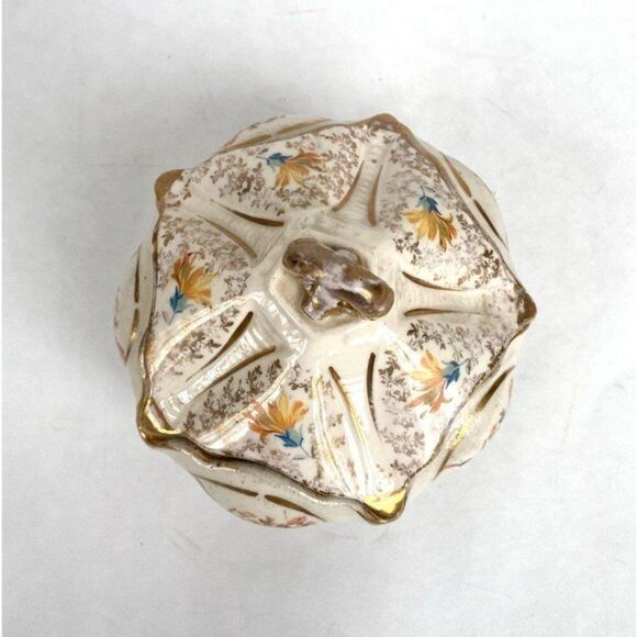 Vintage Porcelain Lidded Dresser Powder Box Candy Dish Footed Floral Gol… - Picture 4 of 10